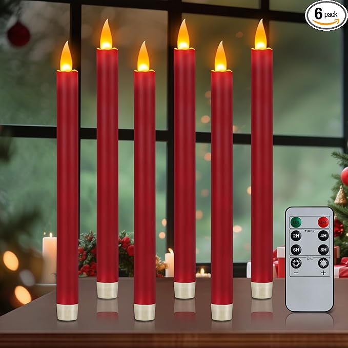 Flameless Taper Candles 10" Dripless Battery Operated Taper Candles Included Remote Timer 400+ Hours by 2AA Batteries for Halloween Christmas Wedding (Burgundy, 6 Pack)