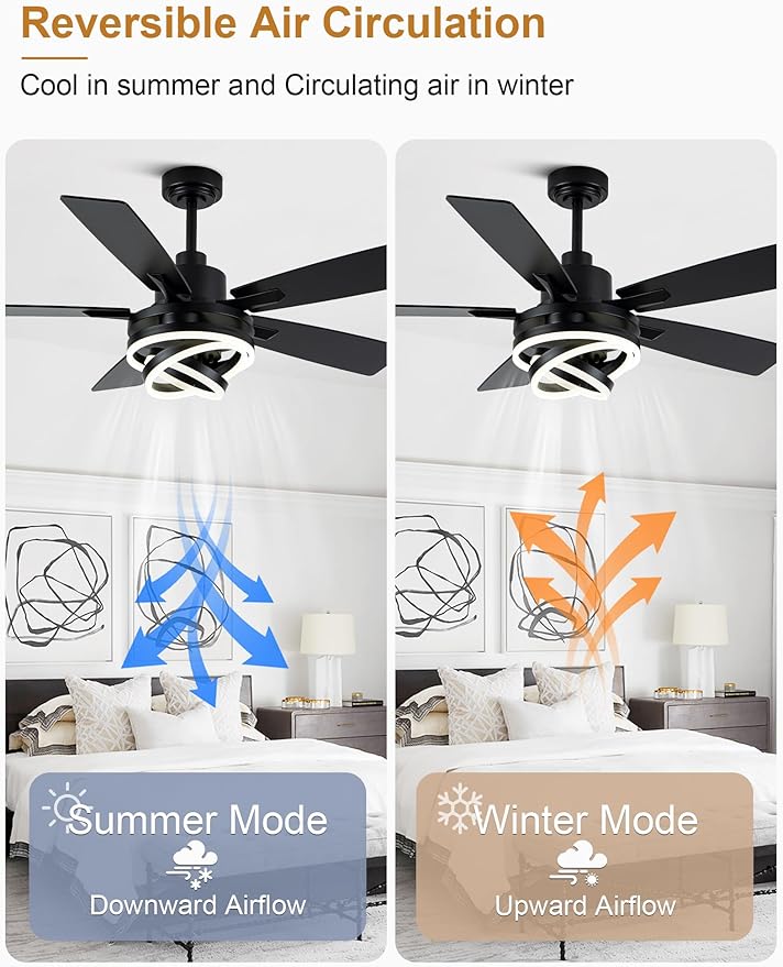 52" Chandelier Fan Black Modern Ceiling Fan with Lights DC Motor Reversible Indoor Ceiling Fan for Bedroom, Living Room