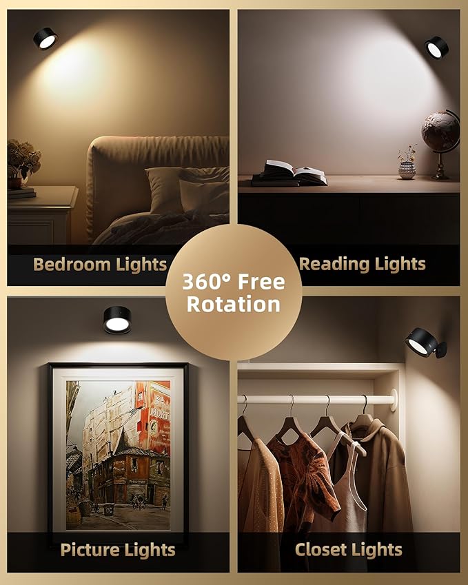 LED Wall Mounted Lights, Rechargeable Wall Sconces with Remote & Touch Control, 3 Color Temperatures 360° Rotation Dimmable Cordless Wall Light for Bedroom Study Reading Bedside (Black, 3 Pack)