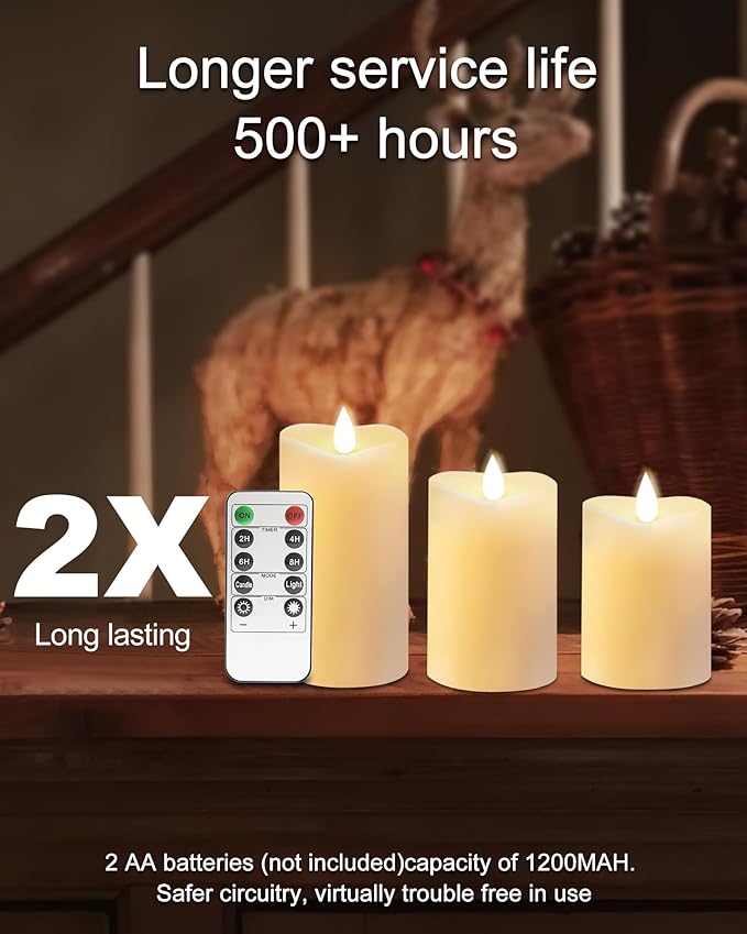 LOGUIDE Flickering Flameless Candles with Remote Timer, Realistic 3D Moving Flame with Real Wax Pillar LED Candles,Lasting 500+Hours Battery Operated Candles for Wedding Decoration, Christmas,3 Pack