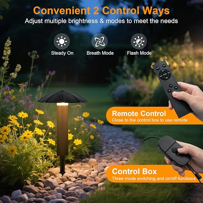 6-Pack Low Voltage Pathway Lights Kit: 24V Plug-in Landscape Lighting kit with Remote/Dusk to Dawn, 3W 3000K, IP65 - All-in-One Set, Easy DIY Install