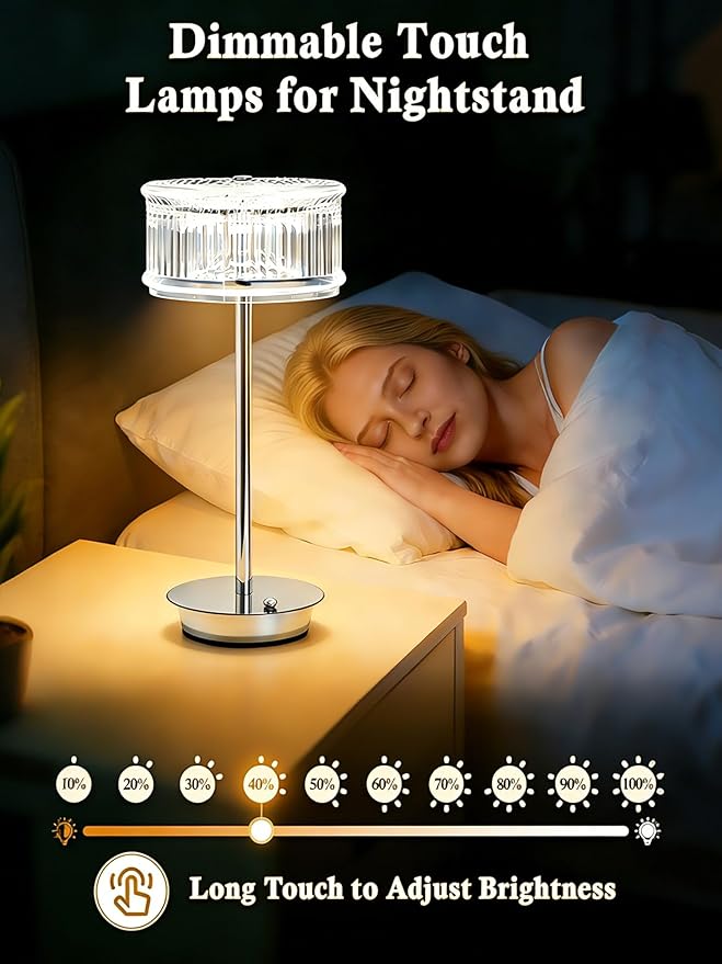 Cordless Table Lamp,LED Desk Lamp Rechargeable Bedside Lamps,3 Colors Dimmable Night Light Portable Touch Lamp,Acrylic Crystal Reading Light for Bedroom Living Room Kitchen Ambient Lighting Home Decor