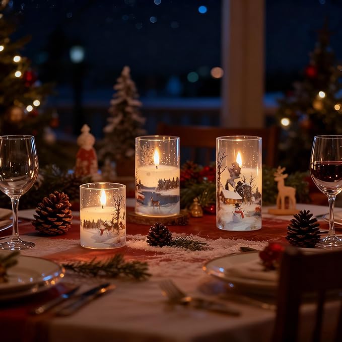Wondise Chrismtas Snowman Glass Flameless Candles with Remote Timer, Battery Operated Real Wax 3D Wick LED Flickering Pillar Candles for Christmas Decoration Thanksgiving Holiday Gift
