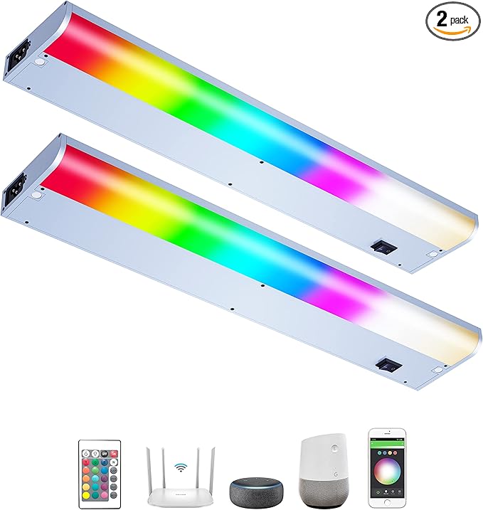 LED Under Cabinet Lighting Hardwired, Smart Adjustable White and RGB Dimmable Lights for Under Cabinets in Kitchen, Compatible with Alexa Google, App Control and Remote Included 2-Pack (2-Bar 24 Inch)