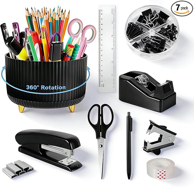 Black Desk Organizers and Accessories Set with 360-Degree Rotating Pen Holder, Tape Dispenser, Stapler, Staple Remover, 1000 Staples, Tape, Clips Set, Ruler, Scissor, Pen