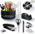 Black Desk Organizers and Accessories Set with 360-Degree Rotating Pen Holder, Tape Dispenser, Stapler, Staple Remover, 1000 Staples, Tape, Clips Set, Ruler, Scissor, Pen