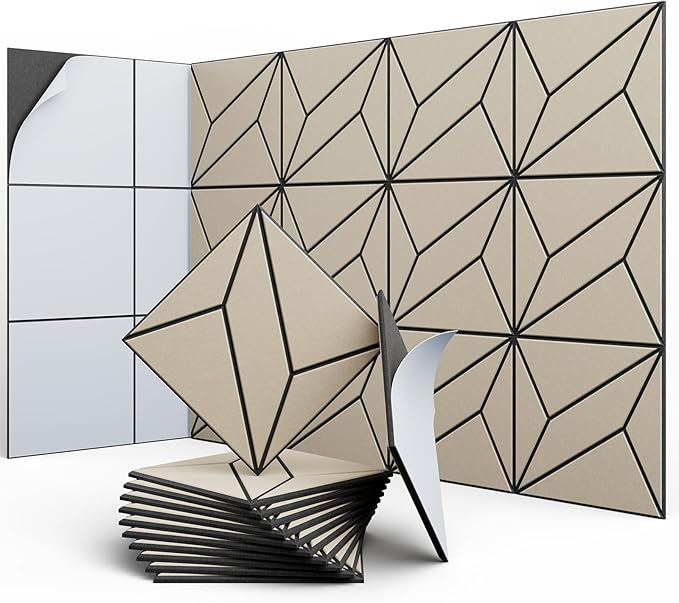 12 Pack 12" X 12" X 0.47" Acoustic Panels for Wall Sound Absorbing, Dual-Color P-Stripes Square Self-Adhesive Sound Panels, High Density Suitable for Multiple Scenarios(Black+LightBrown)