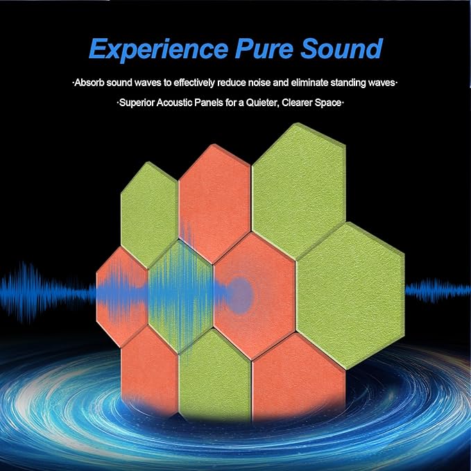 Mollywell Hexagon Acoustic Panels 14x12 - Reduce Echo & Reverb, Noise Blocking Wall Tiles for Playroom & Studio, Orange & Fruit Green Sound Absorbing Panels