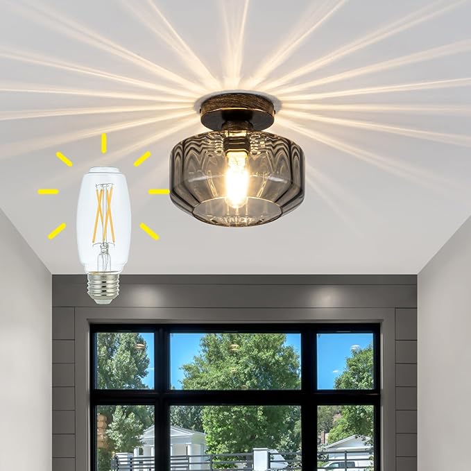 Tbaoinal Semi Flush Mount Ceiling Light Textrued Smoked Glass Shade Matal Base Inclede LED Bulb,for Kitchen/Hallway/Entryway/Bathroom for a Black Champagne Gold