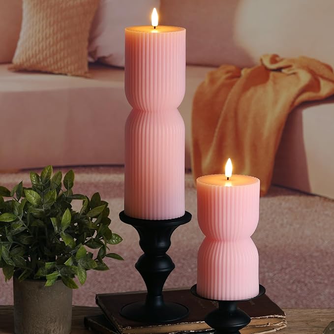 Pink Ribbed Flameless Pillar Candles with Remote, Flickering LED Candles Battery Operated Real Wax Set of 2