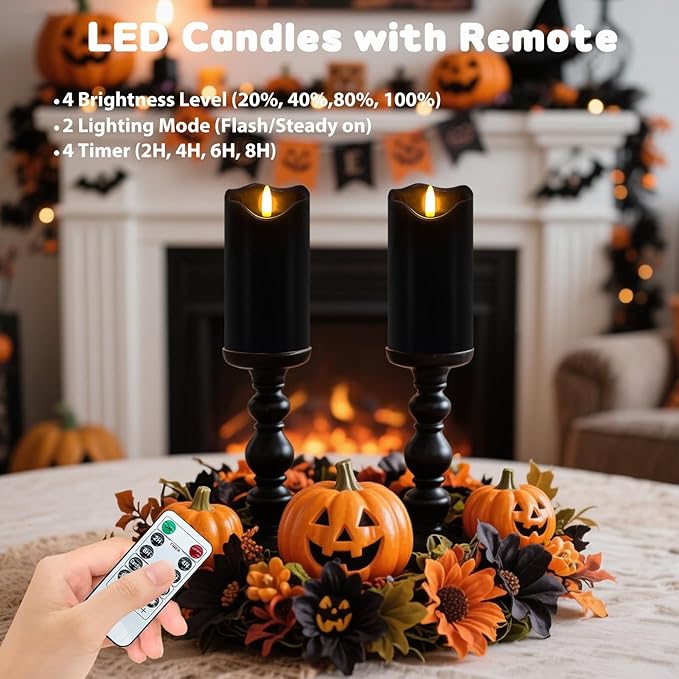 Black Flameless Candles, Set of 2 6"x3" Flickering LED Candles with Remote & Timer, Dimmable Real Wax Electric Pillar Candles Battery Operated, Flameless Candles Light for Home Halloween Decor (Black)