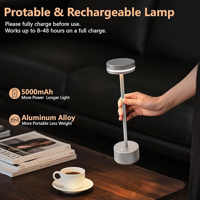Cordl ess Table Lamp Rechargeable, Touch Desk Lamp with 5000mAh Battery, 3 Color Dimmable Light, Small Portable Aluminum Light for Outdoor/Patio/Dining/Tabletop/Bar, Home Decor (Silvery 2PK)