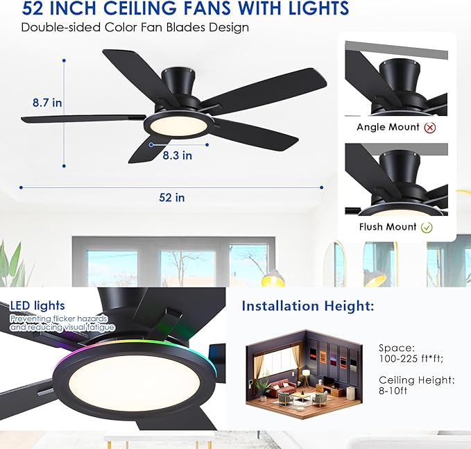 Flush Mount Ceiling Fan with RGB Light - 52In Black Ceiling Fan Light with Reversible Mute Motor, LED 3CCT Dimmable, Low Profile Modern Ceiling Fans for Indoor, Party, Covered Outdoor