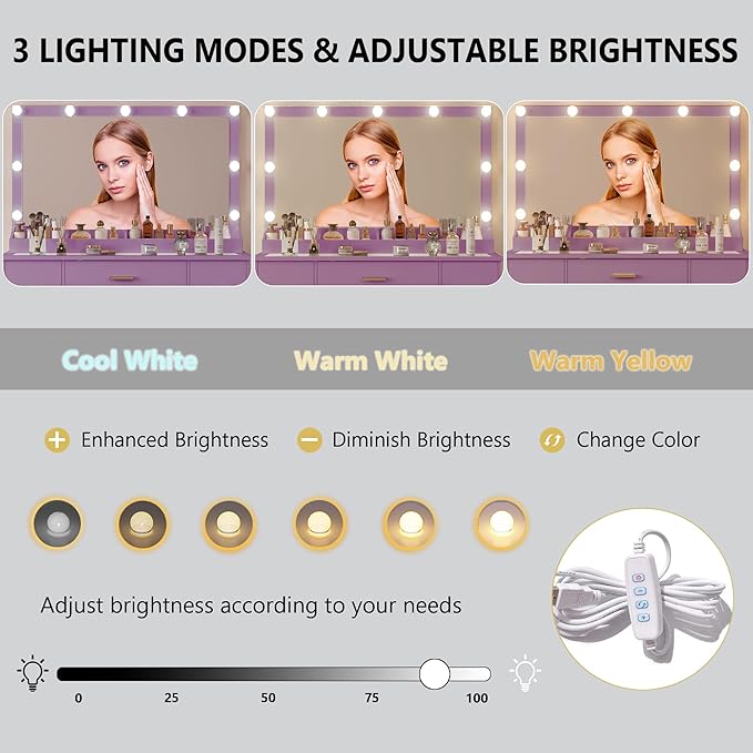 44" Vanity Desk with 38" Large Mirror and 9 LED Lights & Glass Top and Power Outlet, Makeup Vanity Set with 7 Drawers & Chair and RGB Ambient Light, Dressing Table for Bedroom, Modern Purple