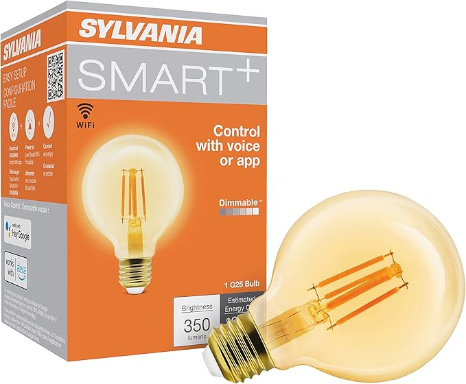 Sylvania WiFi LED Smart G25 Amber Finish Light Bulb, 3.5W Efficient, for Alexa/Google Assistant, 2000K, No Hub Required - 1 Pack (75801)