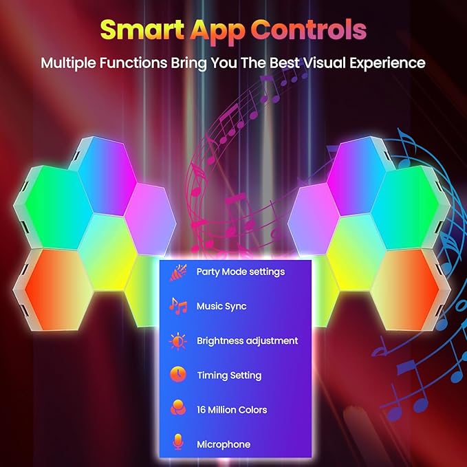 12-Pack RGB Hexagon Wall Panels - Hexagon Lights with APP & Remote-Control, Cool Music Sync - Multicolor 12PCS for Gaming Room, Living Room & Bedroom