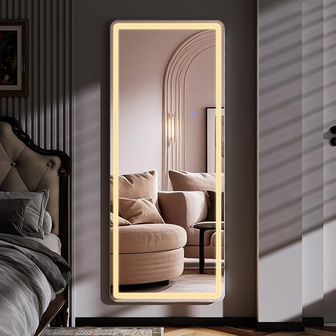 60"x16" LED Full Length Mirror – Standing Floor Mirror with Dimmable Lights 3 Color Modes – Adjustable Brightness, Wall-Mount or Lean for Barber, Fitness Center, Dressing Room, Vanity