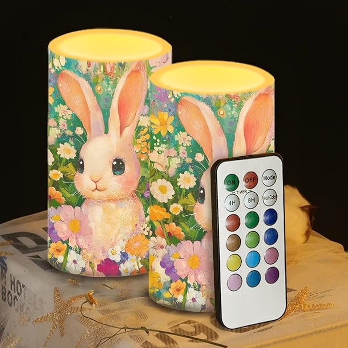 Flameless Candles LED Easter Rabbit Daisy Decorative Candles Battery Operated Ornage Flickering Candles with 18-Key Remote Timer Pillar for Home Living Room Party Table Decorations Green