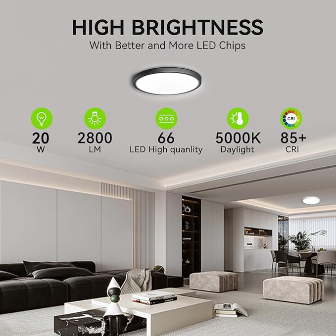 MODERN 4 Pack Super Thin 9inch 2800lm Flush Mount LED Ceiling Light Black, 5000K Daylight, Undimmable Ceiling Light Surface Mount for Bedroom, Living Room, Dining Room, Garage, Office