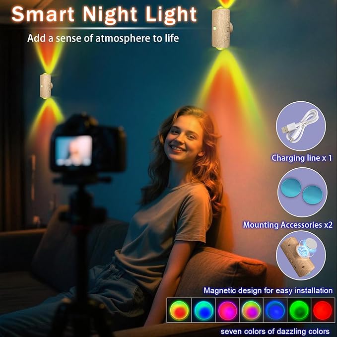 LED Wall Mounted Lights 2 Pcs,Battery Operated Wall Sconce with Motion Sensor, Up/Down Lighting Design 1500mAh Rechargeable Cordless Wall Lights for Indoor Bedroom Hallway (Light Wood Color)