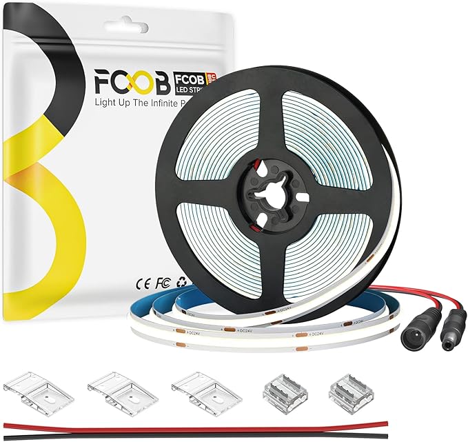 COB LED Strip Light 16.4FT 6000K Cool White DC12V Flexible High Density Uniform Bright COB Strips 480LEDs/m CRI90+ Dimmable LED Lights for DIY Kitchen Bedroom Home Decor, No Power/Controller