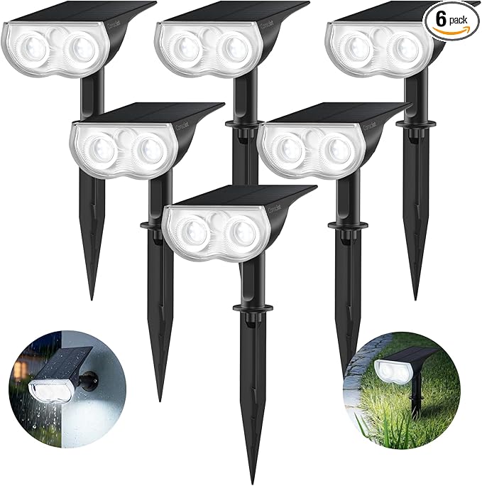 Consciot Solar Lights Outdoor Waterproof IP67, 3 Lighting Modes Solar Spot Lights Outdoor, Auto On/Off, 2-in-1 Solar Landscape Light for Yard Garden Landscape Pathway, Cool White 6500K, 6 Pack