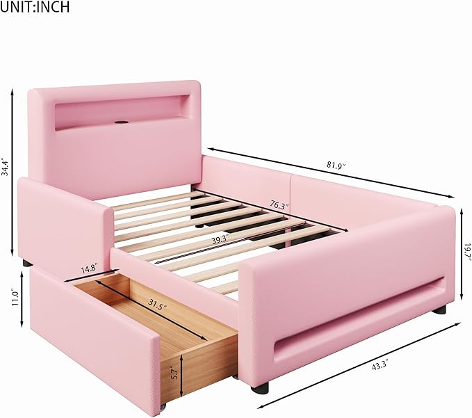 MERITLINE Twin Size Upholstered Platform Bed with Drawer, App-Controlled RGB LED Light Strip & USB Port, PU Fabric Storage Bed (Pink) | LED light, Storage Drawer