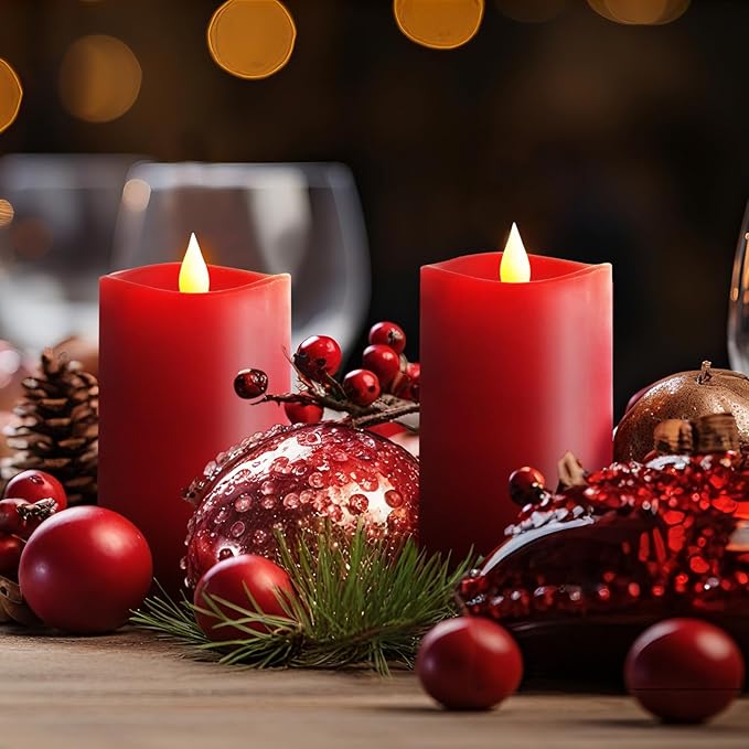 3x5 Flickering Flameless Candles Set of 2, 2AA Battery Life 600 Hours Battery Candles Flickering with Timer,5 inch Flameless Candles with Remote for Indoor/Outdoor, Red