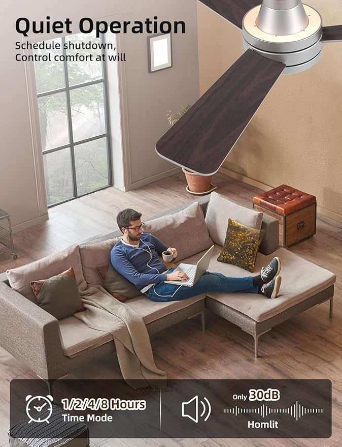 42 inch RGB Ceiling Fan with Light, Smart App & Remote Control Low Profile Flush Mount, Music Sync Lighting, 6-Speed Quiet Reversible DC Motor, 4CCT Dimmable for Home Office Party, Silver