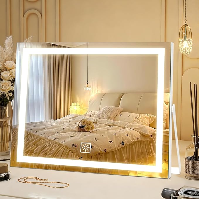 14 Inch LED Vanity Makeup Mirror with Lights, Large Metal Frame Lighted Tabletop Mirror with 3 Color Dimmable Touch Control, 360° Rotation for Bedroom Dressing Table
