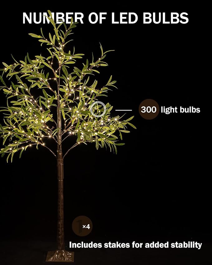 6ft Lighted Olive Tree with 300 Warm White LED Lights, Dimmable, Ideal for Indoor & Outdoor Holiday Decor, Home, Garden, Wedding & Party