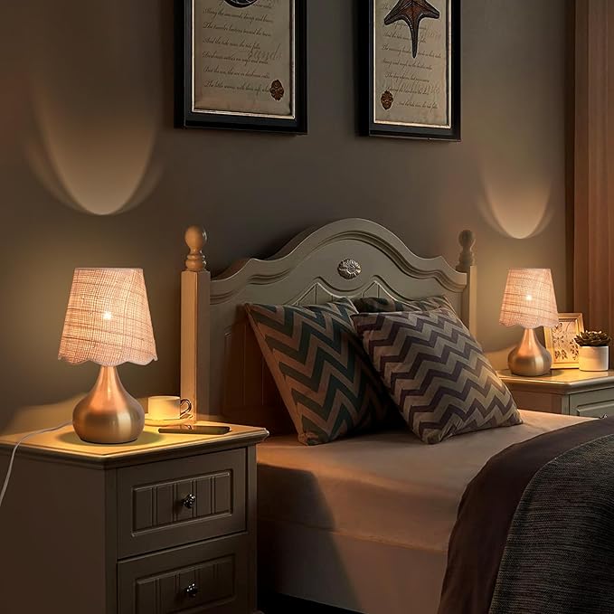 Gold Small Bedside Table Lamp Touche Control 3-Way Dimmable Brass Mini Table Lamps for Nightstand, Rattan Shade Small Table Lamps for Small Spaces for Kitchen Counter, Bookshelf, Bedroom