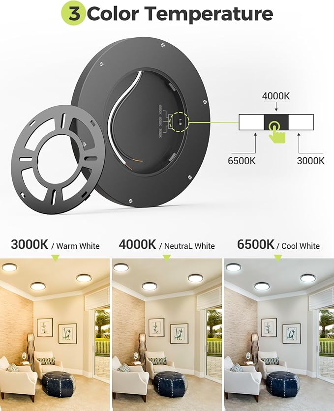 hepside 12PACK LED Flush Mount Ceiling Light, 3CCT Selectable 3000K-4000K-6500K & 100W Equivalent Modern Kitchen Recessed Ceiling Lamp 15W 1500Lm 7.5 Inch for Bathroom Closet Laundry Bedroom Hallway