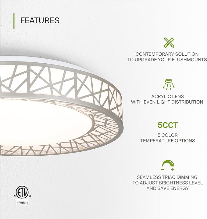 ASD 14 Inch LED Flush Mount Ceiling Light Fixture for Bedroom, 24W 1534LM 5CCT 2700K-5000K, Triac Dimmable Lights, Dining, Living Room, Kitchen Lamps, Modern Home Lighting Fixtures, Nickel, ETL