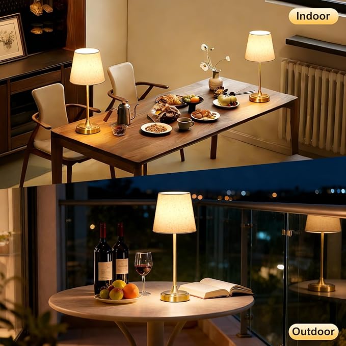 Cordless Table Lamp Rechargeable,5000mAh Battery Operated Desk Lamp,3 Colors & 7 RGB Stepless Dimmable,Touch Control Ambient Light for Bedside,Bedroom,Dining Room,Living Room,Gold,FlaxenShade