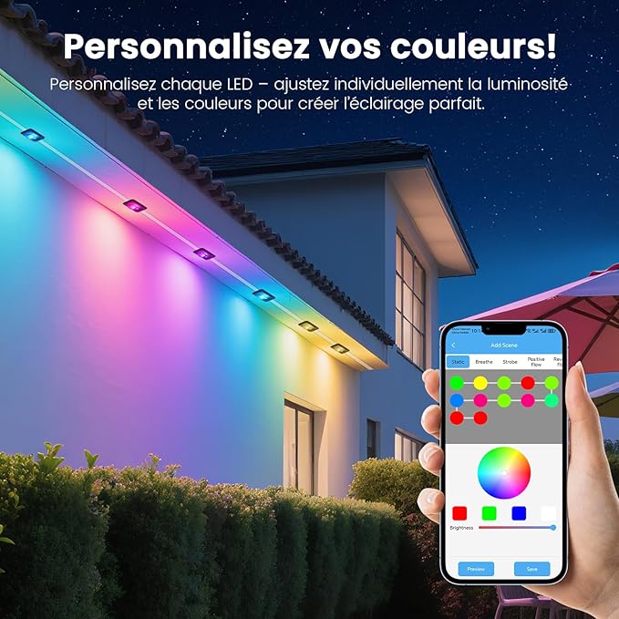 Permanent Outdoor Lights for House, 150 FT Outdoor String Lights with RGBIC & Bluetooth Remote, DIY via App for Music Sync, IP67 Waterproof Expandable LED Lights for Eaves, Patio, Lanai.