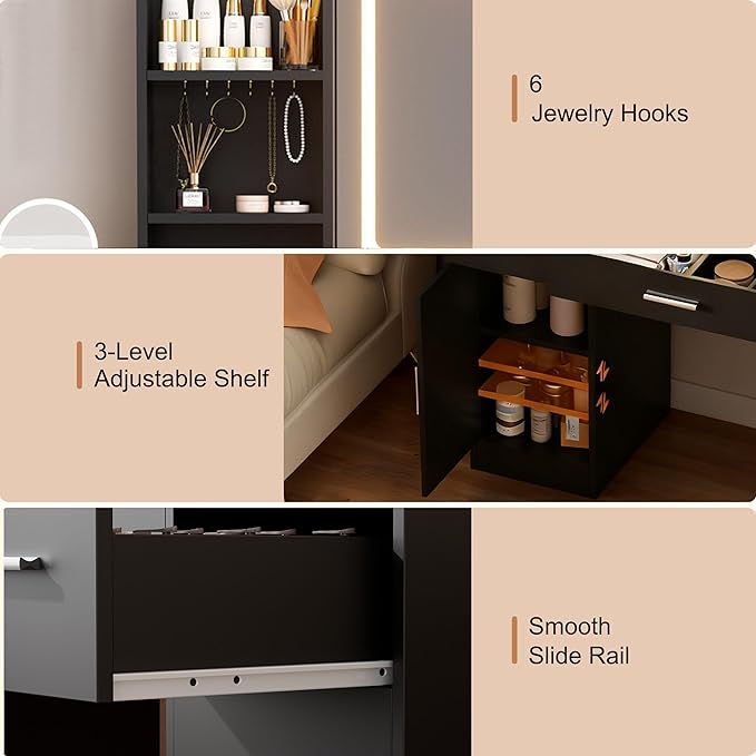 Vanity Desk with Mirror and Lights, 39.37" 4 Drawers Makeup Desk Without Stool, Extra Foldable Desk with 3 Open Shelves Make Up Table for Girls and Ladies Bedroom, Black