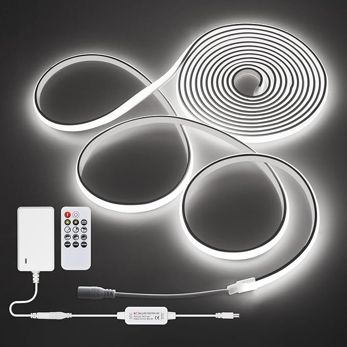 Daylight White LED Strip Lights 16.4FT 24V Waterproof COB LED Strip Kit with Remote Dimmable Flexible LED Tape Light 6000K Uniform Glow 320LEDs/M for Indoor Decor (Adapter are Included)