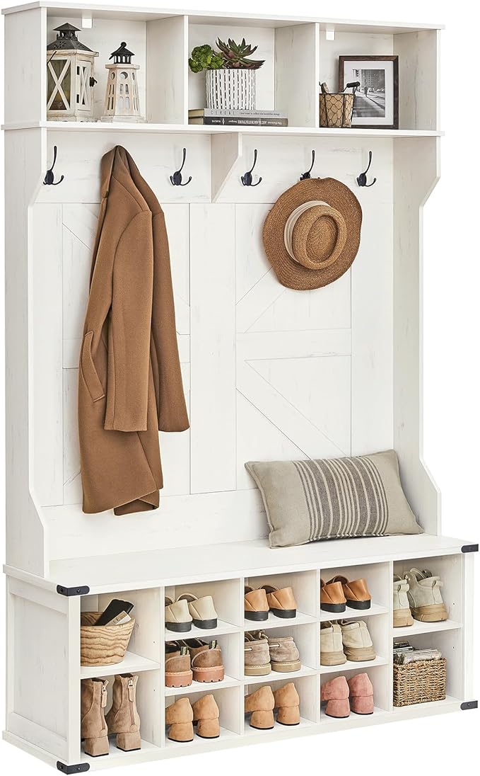 VASAGLE Hall Tree with Bench and Shoe Storage, Coat Rack with Shoe Bench, Entryway Furniture, 16 Open Compartments, 6 Tri-Hooks, Farmhouse Style, Space Saving, Rustic White UHSR427W02