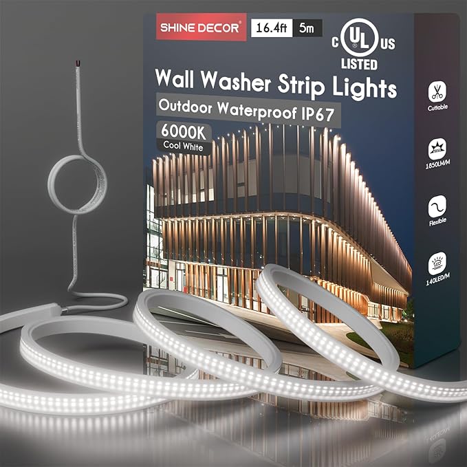 Shine Decor 24V Wall Washer Lights 16.4 FT, UL Listed IP67 Waterproof LED Strip Lights, 6000K Flexible Linear Wall Grazer for Outdoor Commercial Lighting, Buildings, Church Illumination, Hardwired