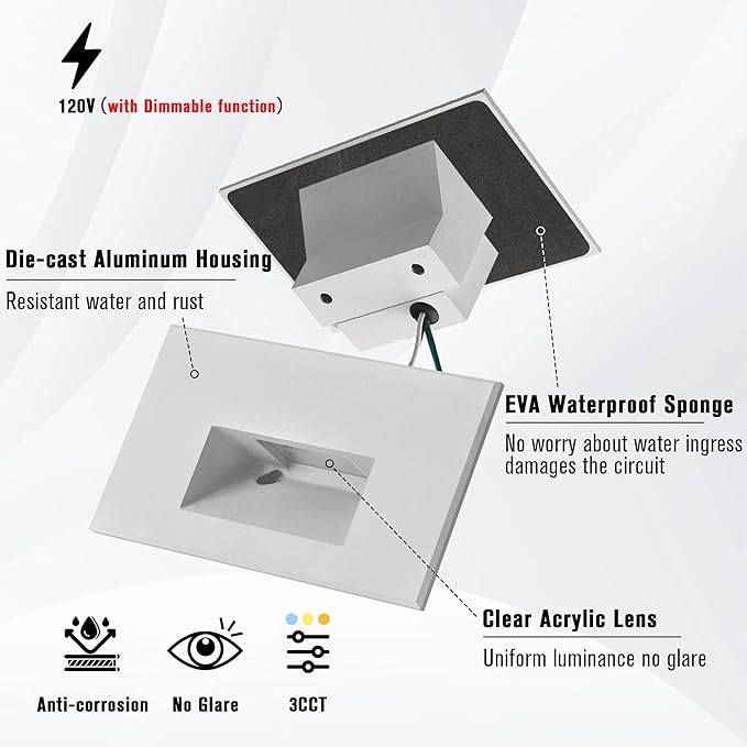 LED Outdoor Step Lights Indoor Stair 120V Dimmable, 4W 350LM 3000K Warm White, IP66 Waterproof for Steps, White Deck Horizontal, 3-Pack