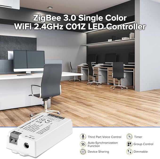 BTF-LIGHTING Tuya Zigbee 3.0 C01Z Controller Support Single Color 2 pin (-V +V) PWM LED Strip Bulb Compatible with Echo Plus/4th Gen Tuya Gateway DC5V/DC12V/DC24V Max 15A