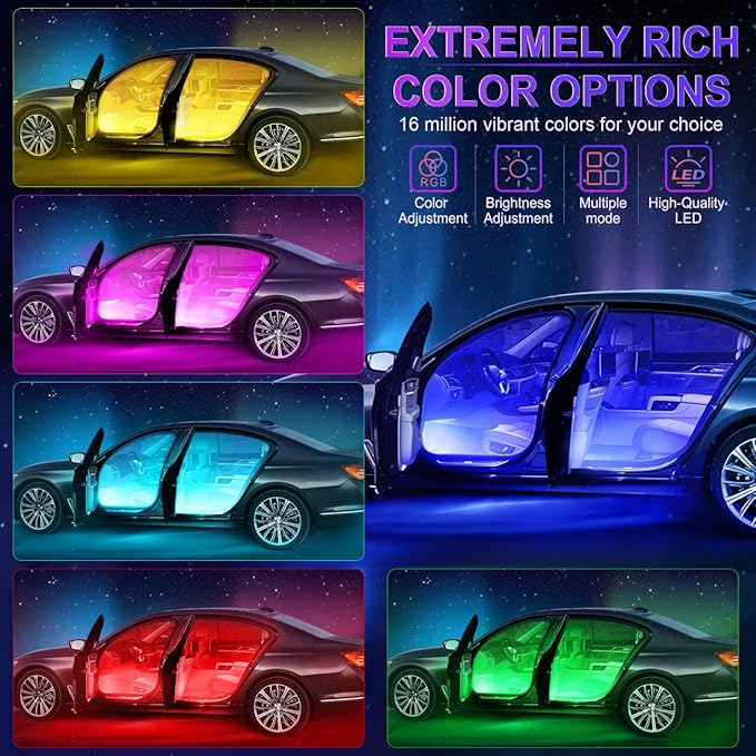 LivTee Interior Car LED Lights, Smart RGB Ambient Lighting with App & Remote Control, Music Sync & DIY Modes, 4-Line Design LED Strip Lights, 12V Cigarette Lighter Powered, Car Accessories for Women
