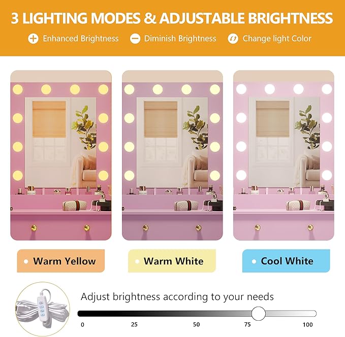 Makeup Vanity Desk with Mirror and Lights, 43" Purple Vanity Set with 3 Drawers, Power Outlet & Adjustable RGB LED Lights, Dressing Table with Storage Shelf for Women & Girls Bedroom