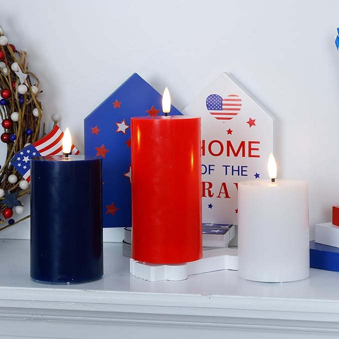 Red White Blue Patriotic Flameless Pillar Candles with Remote, 3 Pack Battery Operated Real Wax LED Candles, Perfect for 4th of July Independence Day Home Decorations Fireplace Table