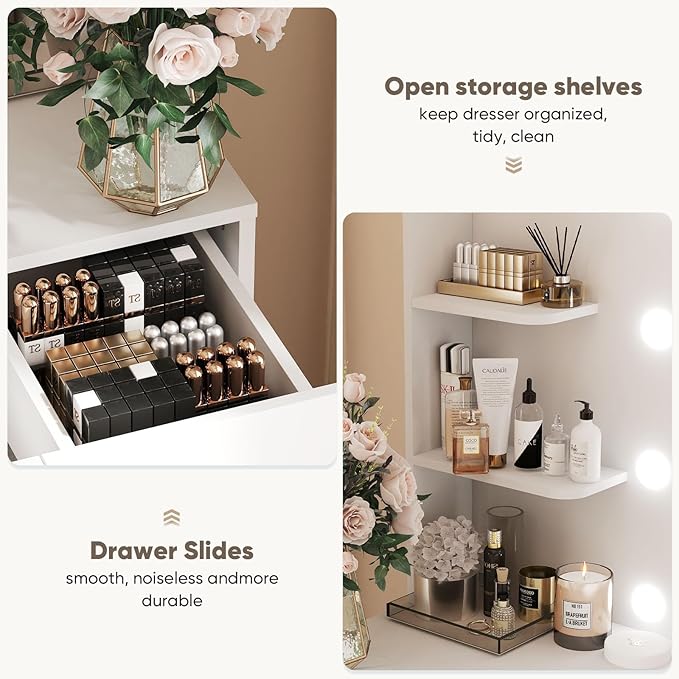 DUMOS Vanity Desk Makeup with Mirror LED Lights, White Table with Power Outlet 3 Drawer, 4 Storage Shelves & 2 Cabinets, 3 Lighting Modes & Adjustable Brightness, Dressing Tables for Bedroom