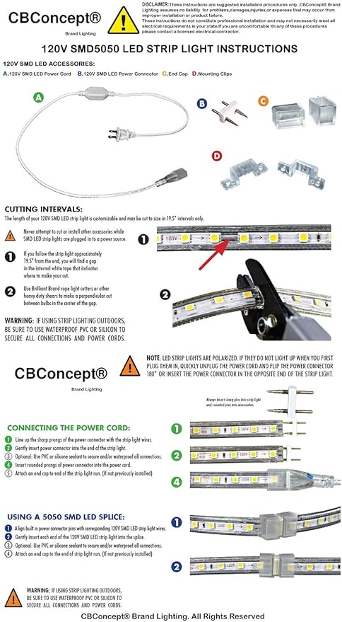 CBconcept UL Listed, 13 Feet, 1400 Lumen, Blue, Dimmable, 110-120V AC Flexible Flat LED Strip Rope Light, 240 Units 3528 SMD LEDs, Indoor Outdoor Use, Accessories Included, Ready to use