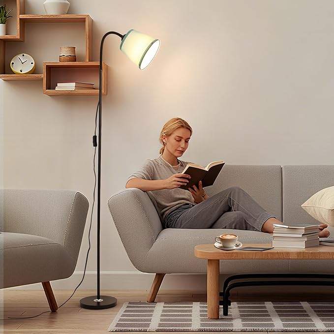 AoMck Floor Lamp, Industrial Metal Floor Lamps for Living Room with Adjustable Bendable 2 in 1 Reading Table Lamps for Living Room Bedroom Office (B+Green Shade)