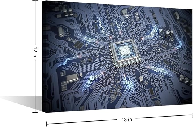 TUMOVO Circuit Board Canvas Wall Art for Living Room CPU Concept Modern Abstract Painting Internet Concept Picture for Bedroom Office Home Wall Decorations Frame Wall Decor, 18x12in