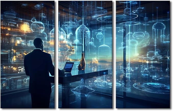 3 Panel Artificial Intelligence and Data Analytics Pictures Print on Canvas for Home Office Hotel Wall Decorations, Wooden Framed Gallery-Wrapped Ready to Hang, 60" Wx40 H